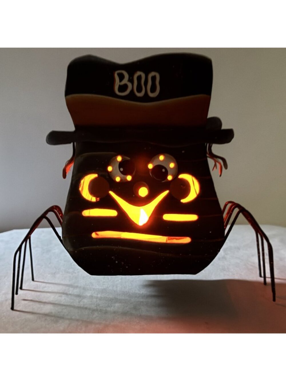 Metal Spider Tealight Candle Holder 9"x8" Halloween "Boo" Hat Spooky Glow Black - Picture 2 of 13